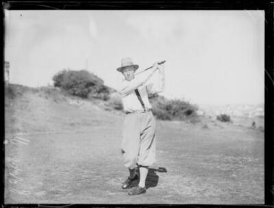 Golfer Fred Popplewell taking a shot on the fairway, NSW, ca. 1920s Old Photo