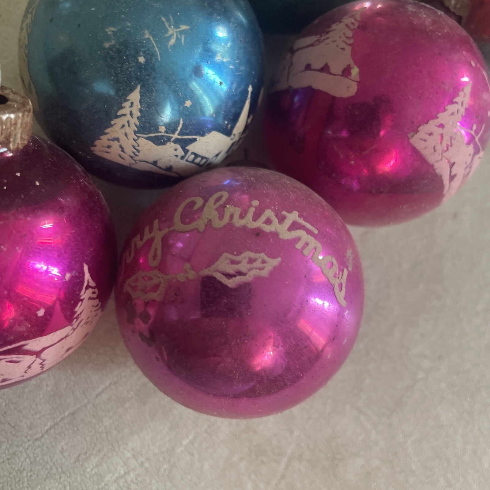 Lot 7 Vintage Mica Stenciled/ Painted Mercury Glass Christmas Ornaments
