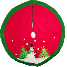 Winter Snowman Christmas Tree Skirt Embroidered Red Green 45" Felt Cotton Fabric