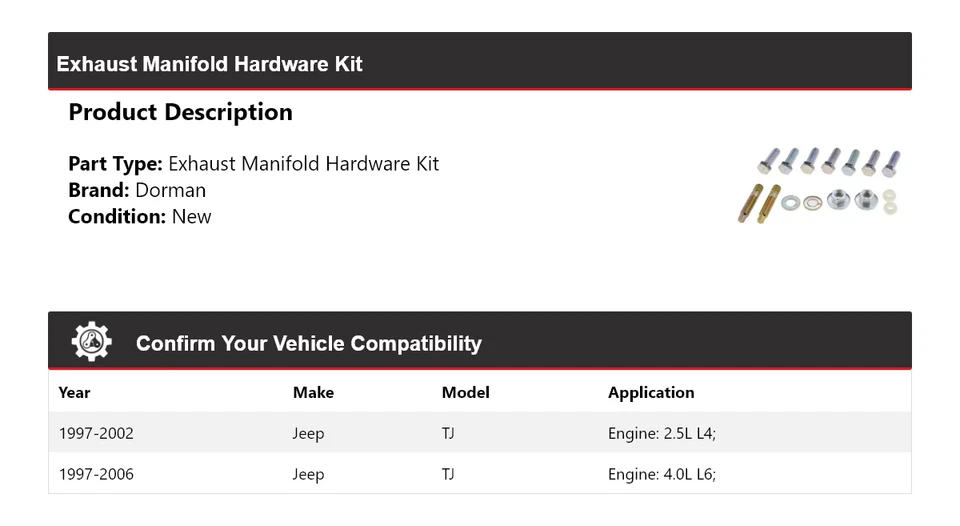 For 1997-2006 Jeep TJ Dorman Exhaust Manifold Hardware Kit 1998 1999 2000 2001 - Image 2 of 4