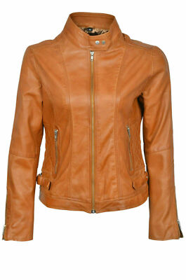 Classic Slim Fit Tan Coat Women's Genuine Lambskin 100% Leather Hot Biker Jacket