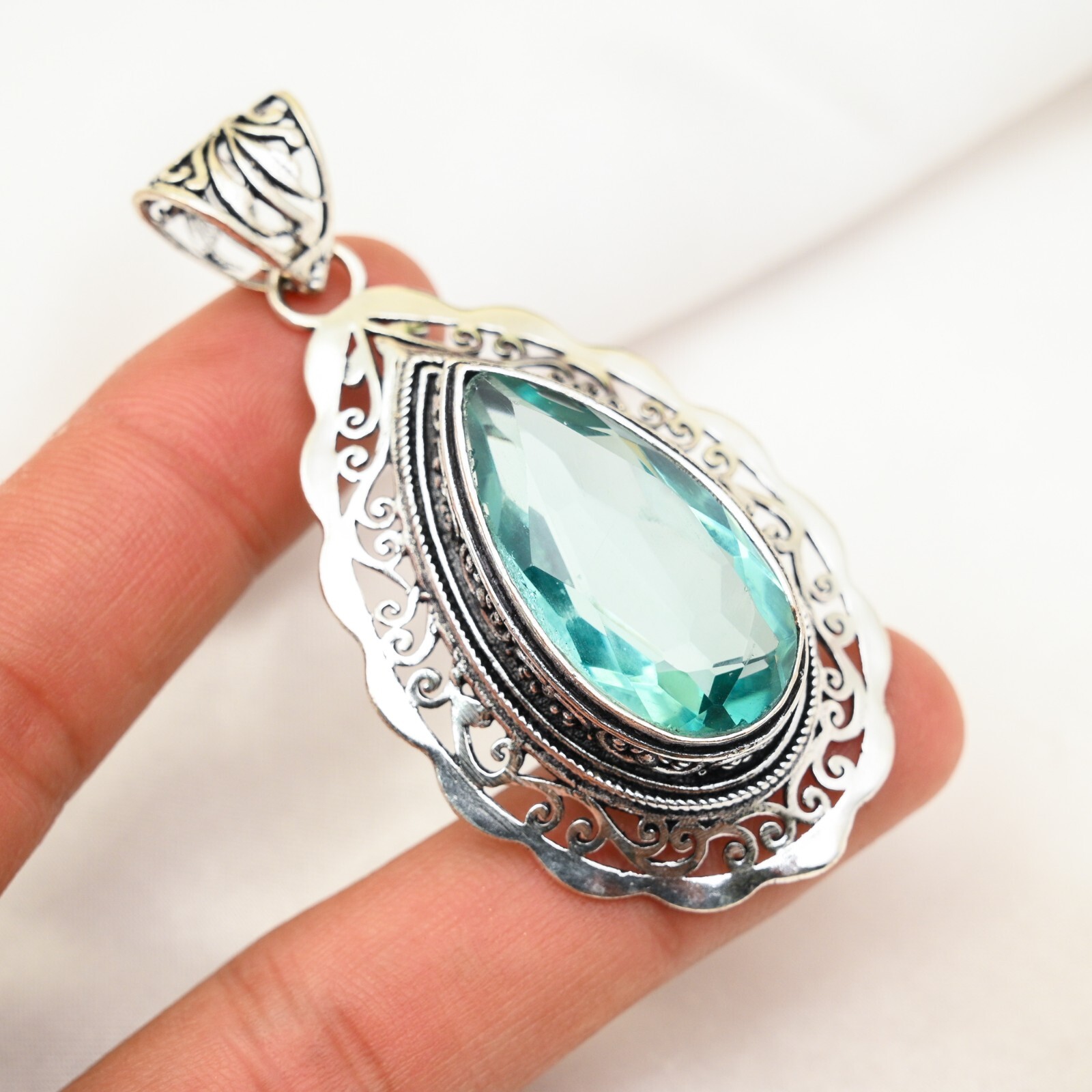 Aqua Apatite Pendant Gemstone Handmade 925 Sterling Silver Women's Fine Jewelry