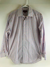 Bergamo Shirt Men's Size 15-15.5 32/33 White Blue Red Check Button Up Long Slv