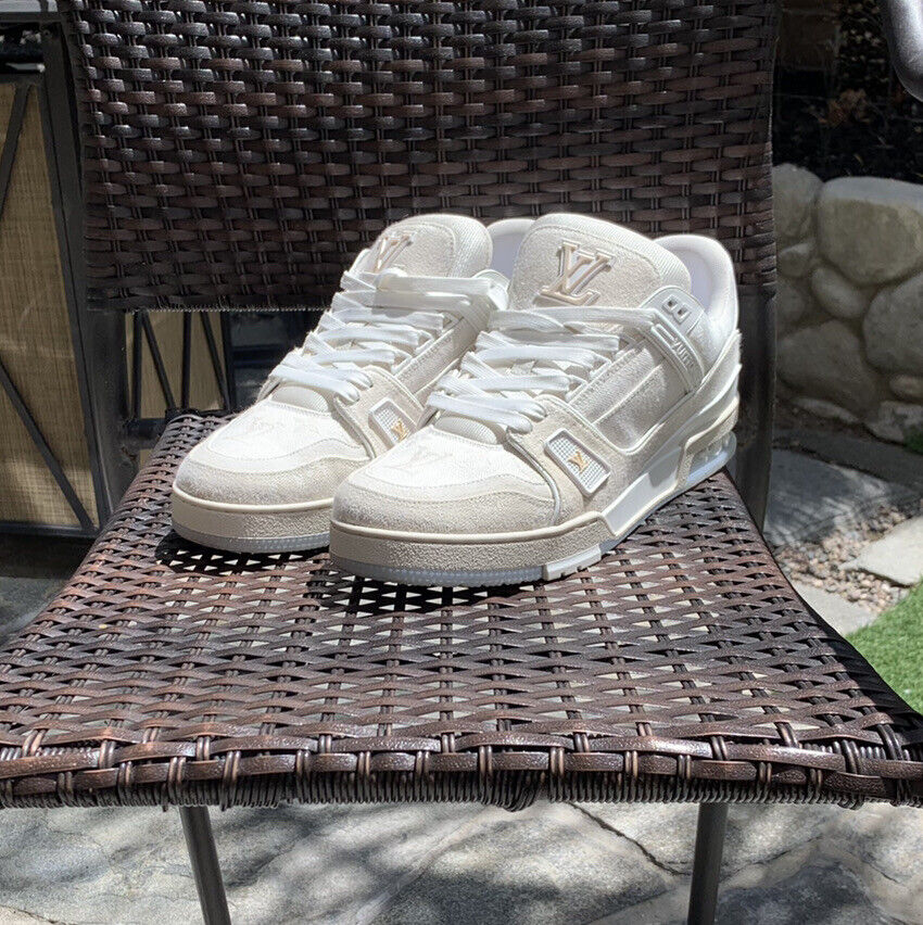 Louis Vuitton Trainer Virgil Abloh LV 9,5 US 10,5 beige weiß Denim Seide  1A8ZX4