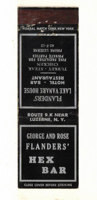 c1940 Matchbook Cover: Flanders' Lake Vanare House, Hex Bar, Route 9K Luzerne NY