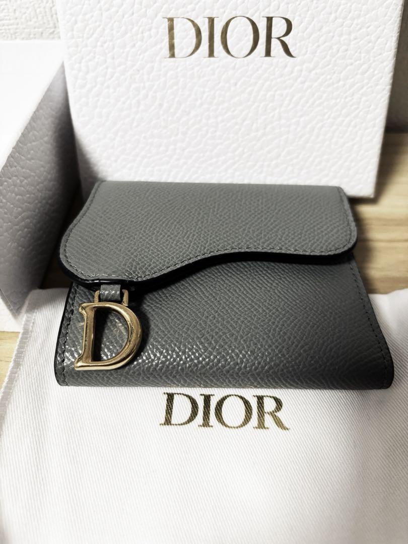 Dior Grey Leather Saddle Trifold Wallet with Box & Dust Bag Pre-Owned