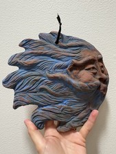 Vintage Terracotta Sun Face Wall Sculpture Blue Brown Folk Art Sunburst Decor