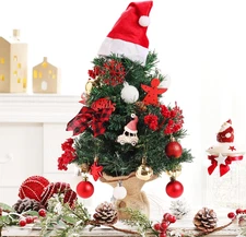 22" Tabletop Christmas Tree Artificial Green Lights Ornaments Santa Hat Decor Ne