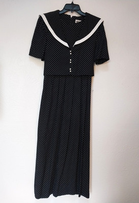 VTG J.B.S Womens Black w White Polka Dot Sailor Dress Collar Button Midi Size 10