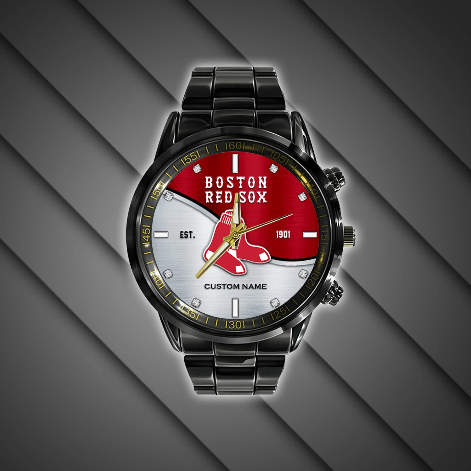 Bostons Team Red Soxs Double Baseball  Black Stainless Steel Watch