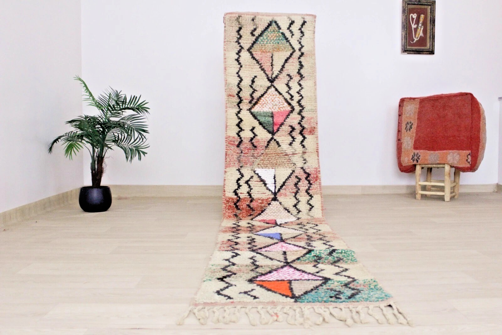 Moroccan Berber Wool Runner Rug | 2'x10' Handmade Boujaad Carpet Boho Decor N1