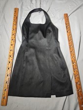  Vintage Express Halter Dress Womens Sz 3/4 Black Satin Mini Slit Party USA 90s