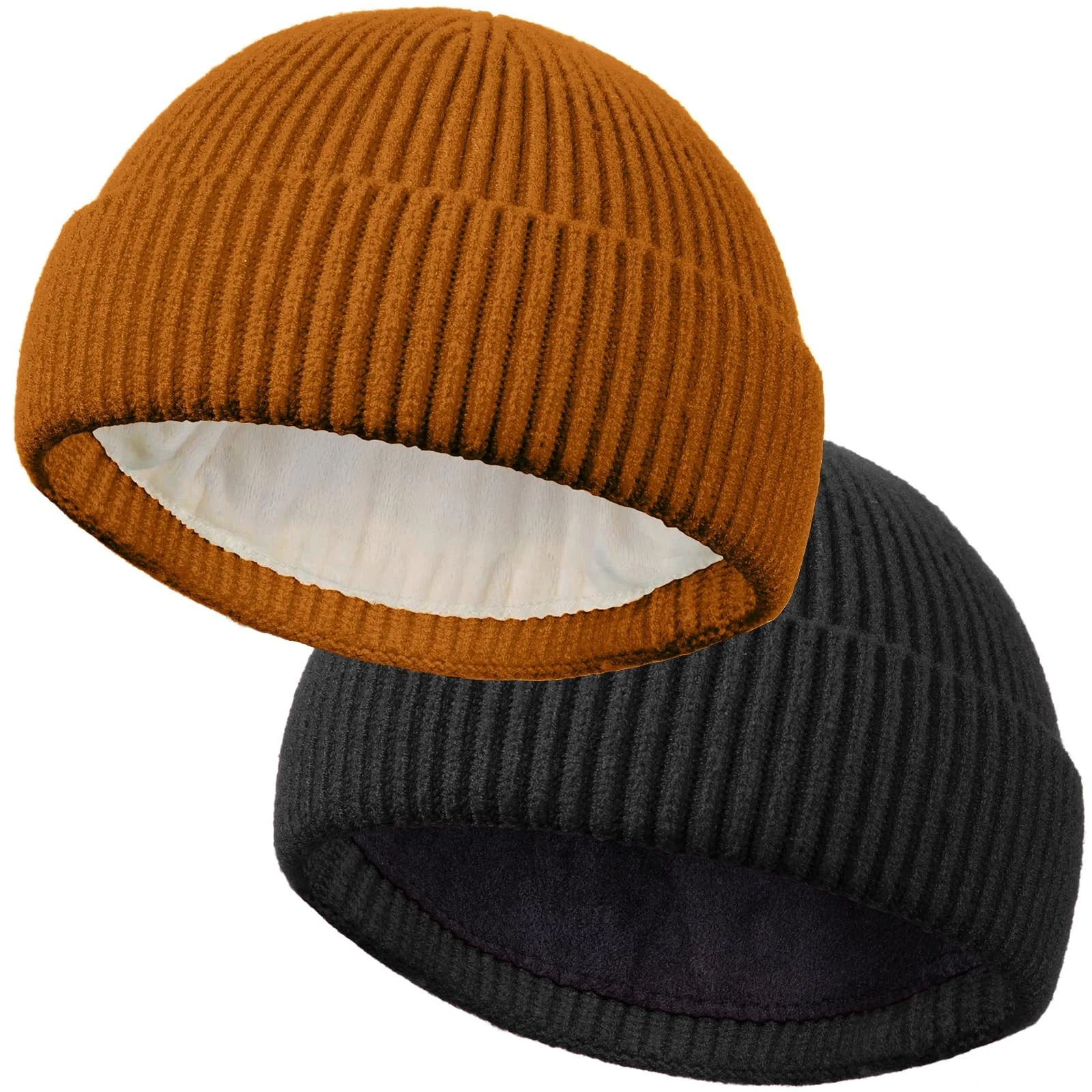 2PCS Wool Short Fisherman Beanie for Men Women, Cuff Knit & Fleece Lined Swag...