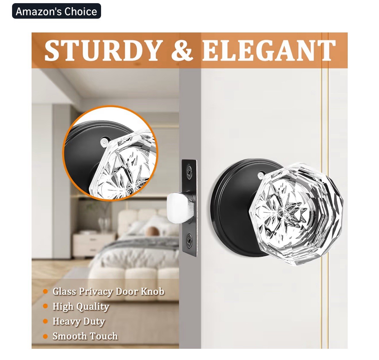 Orger 6 Pack Glass Door Knobs with Flat Black Rosette, Bath/Bed Door Knobs