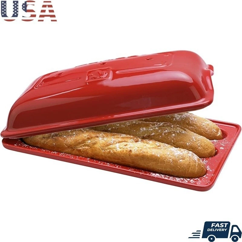 High Quality Ceramic Baguette Baking Tray W/ Lid Three Slot Oven Safe Pan Red
