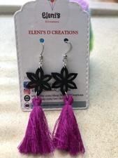 Handmade Black Wooden Flower with Purple Tassel Dangle Women Earrings