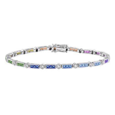 18K White Gold Natural Rainbow Sapphire and Diamond Link Bracelet