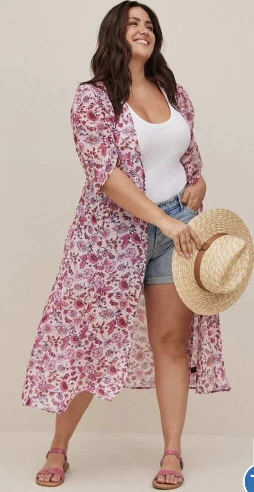 Torrid Ruched Sleeve Kimono Swiss Dot Chiffon Floral Pink eBay