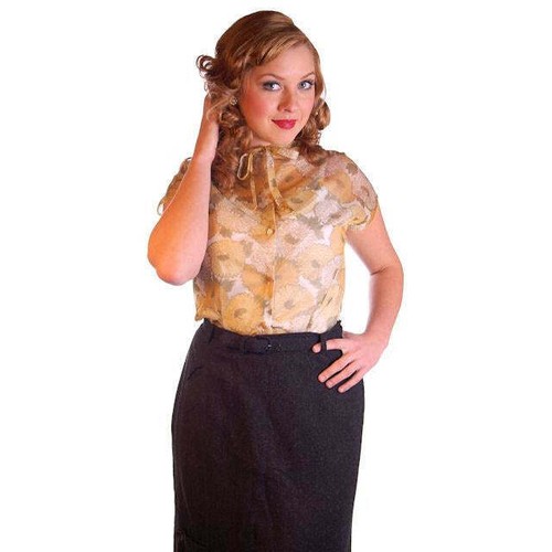 VTG Retro 50s Top Sheer Nylon Printed Blouse Gold Floral 34 Bust S Bow Tie