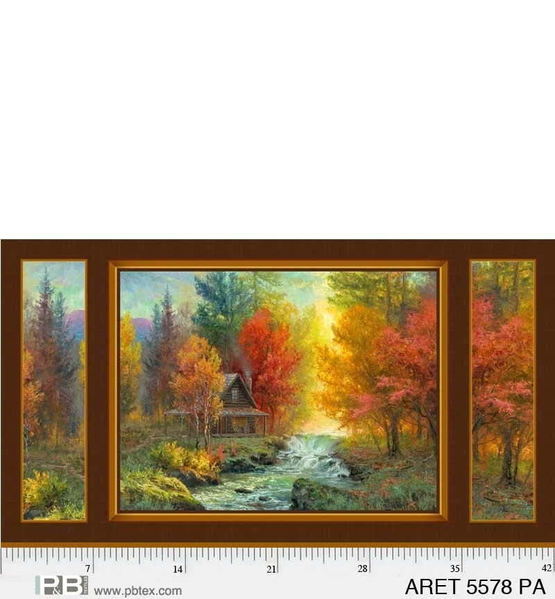 P&B TEXTILES 24" X 44" Panel Autumn Retreat Log Cabin Nature Scenic Fabric Panel D511.65