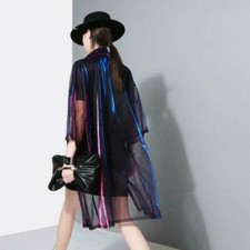 Lady Womens Holographic Laser Jacket Iridescent Transparent Shirts Tops Outwear