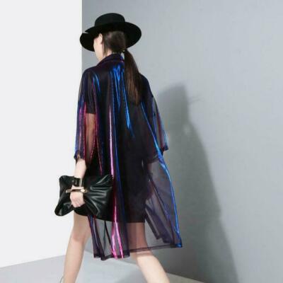 Lady Womens Holographic Laser Jacket Iridescent Transparent Shirts Tops Outwear