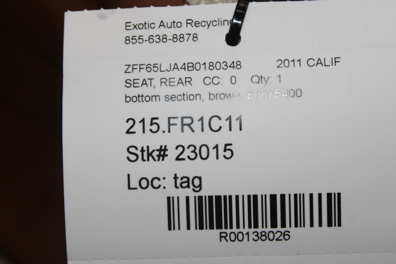 Ferrari California, Rear Seat Bottom Section, Brown/Leather, Used, P/N 80875400