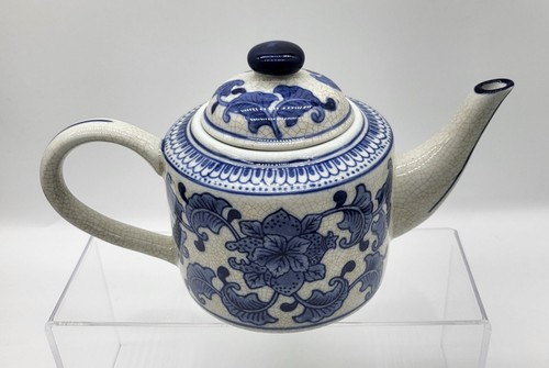 Crazed Vintage Blue and White Teapot Marked Floral Leaves Asian Style - Picture 3 of 14