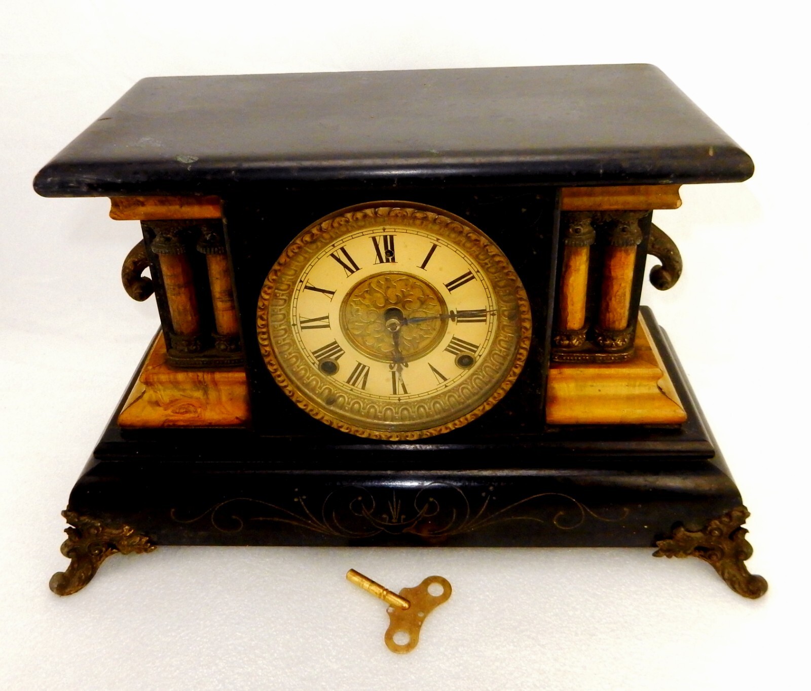 Antique Gilbert Mantel Clock w/Key, Black Box, 4Columns, Parts Only