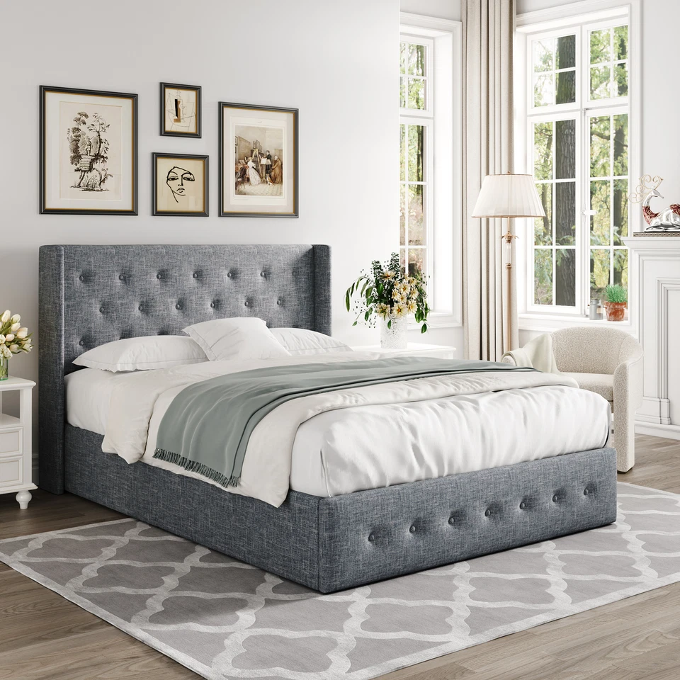 Sifurni Lift Up Storage Bed, Traditional Wingback Headboard, Grey Blue[All Size] - Image 3 of 3