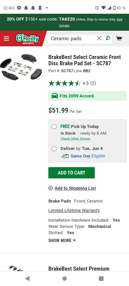 КЕРАМИЧЕСКИЕ КОЛОДКИ BRAKEBEST HONDACORD 08-12 3,5 Л V6 (НЕ КОРОБКА - ЧИТАЙТЕ ОПИСАНИЕ) - Изображение 3 из 3