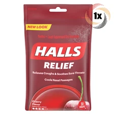 1x Bag HALLS Relief Cherry Flavor Soothing Oral Cough Drops | 30 Drops Per Bag