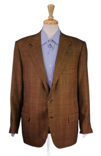 Brioni Brown/Orange Plaid 100% Cashmere 3/2 Rolled Lapel Sportcoat Blazer 46R