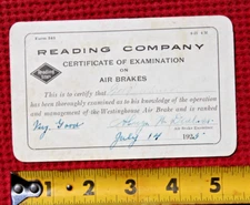 1925 Reading Railroad Air Brakes Inspection Card Railway Examination Certificate