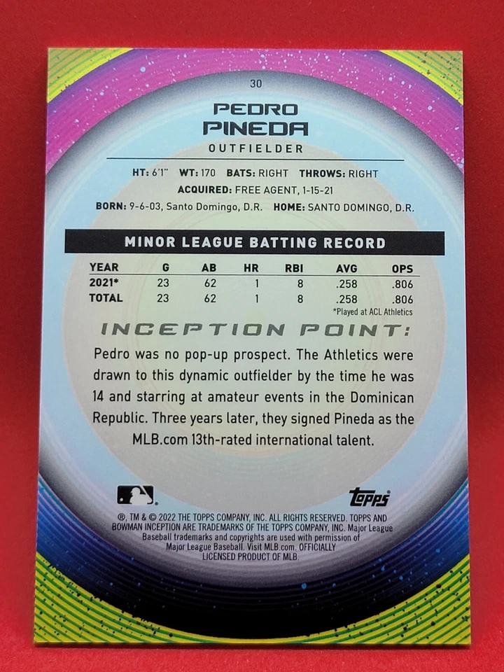 2022 Bowman Inception Baseball Base #30 PEDRO PINEDA - OAKLAND ATHLETICS c_9 - Image 2 of 2