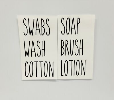 Set of 6 Bathroom Vinyl Labels Decals Rae Dunn inspired font WASH BRUSH SOAP
