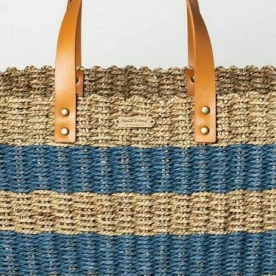 Hearth & Hand Magnolia Tote Bag Seagrass Straw Blue Stripe Picnic