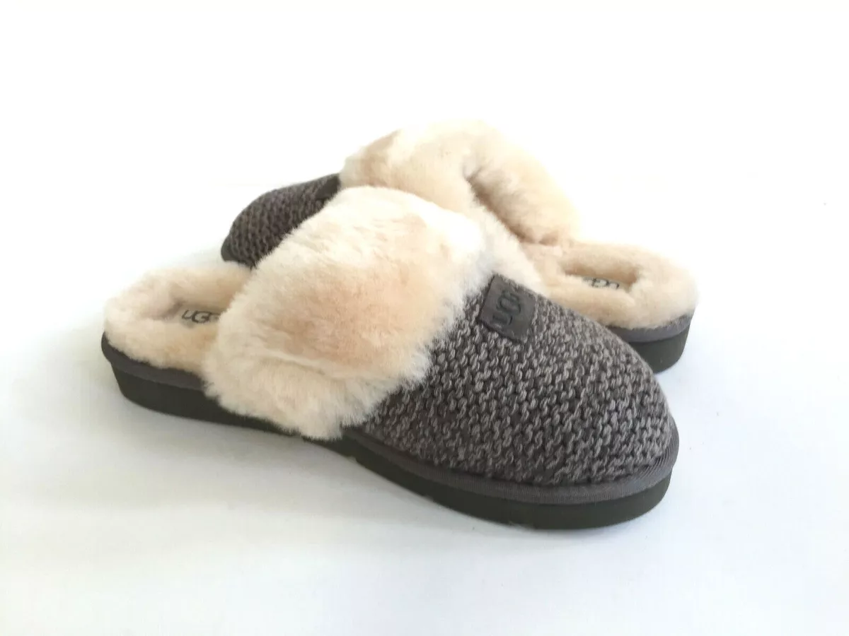 UGG COZY KNIT CHARCOAL GREY SHEARLING LINED SLIP ON SLIPPERS US 7