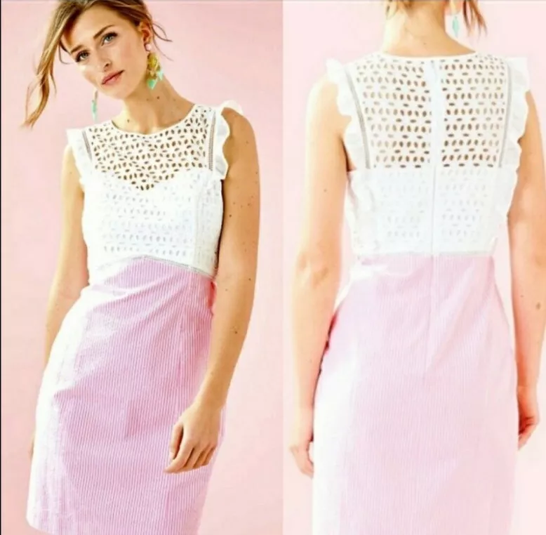 Lilly Pulitzer Pink Tropics Eyelet Lace Ruffle Maya Shift Dress