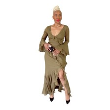 Asos design Maxi Dress Size 8 Khaki Green V-Neck Long Sleeve Ruffle Cut Out Back