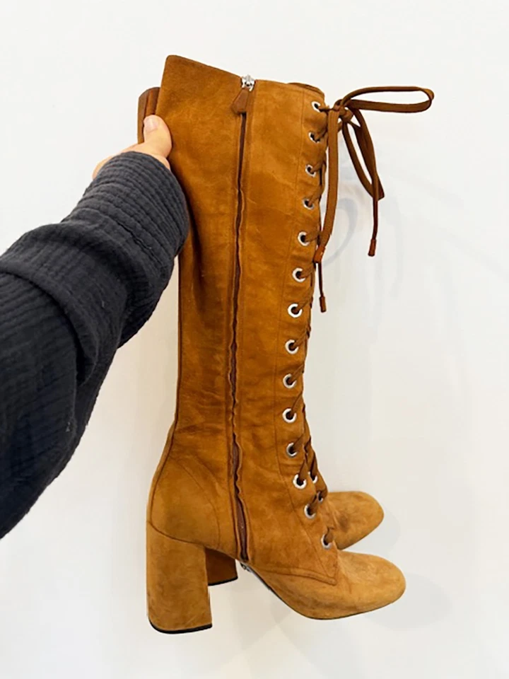 Дизайнерские женские винтажные ботинки PRADA размер 7,5 AU 38,5 ЕС коричневая замша на шнуровке - Изображение 2 из 4