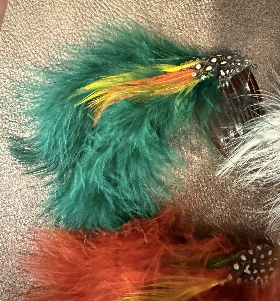 4 винтажных расчески для волос с перьями Maribou — разноцветные натуральные перья - Изображение 3 из 4