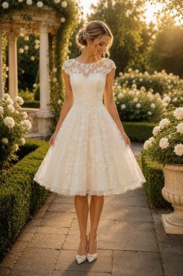 Romantic Bridal Oleg Cassini CMK513 Ivory Lace Beaded Wedding Dress Size 4 Tea L
