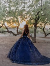 Navy blue sequin quince dress with original boutique dress bag and tiara ✨✨
