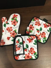 VTG Hawaii Oven Mitt & Pot Holder Hot Pad Tourist Souvenir Flowers Set Excellent