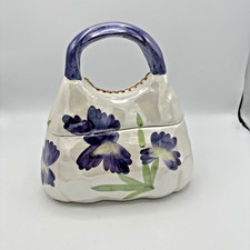 Hand Painted Purple Floral Ceramic Cookie Jar Canister Purse Handbag Style 9in