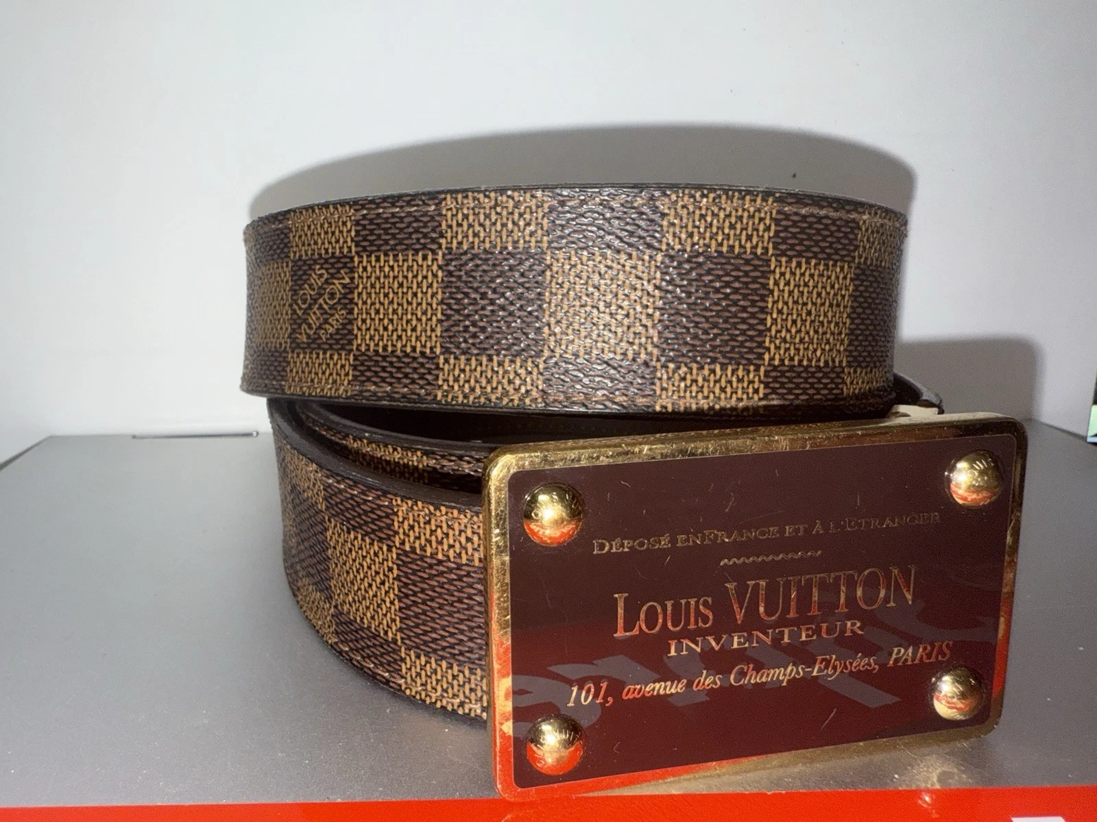 LOUIS VUITTON（LV） Autentica cintura reversibile Louis Vuitton Damier Ebene Canvas Inventeur 110 CM