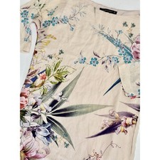Zara Woman sz S 100% Silk Floral Shift Dress 3/4 Sleeve Cream Pink Blue