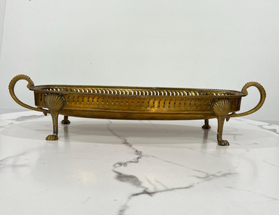 Vintage bombay brass tone footed gallery tray shell feet rope handles