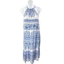 Ann Taylor LOFT White Blue Floral Sleeveless High Neck Midi Shift Dress Size XS